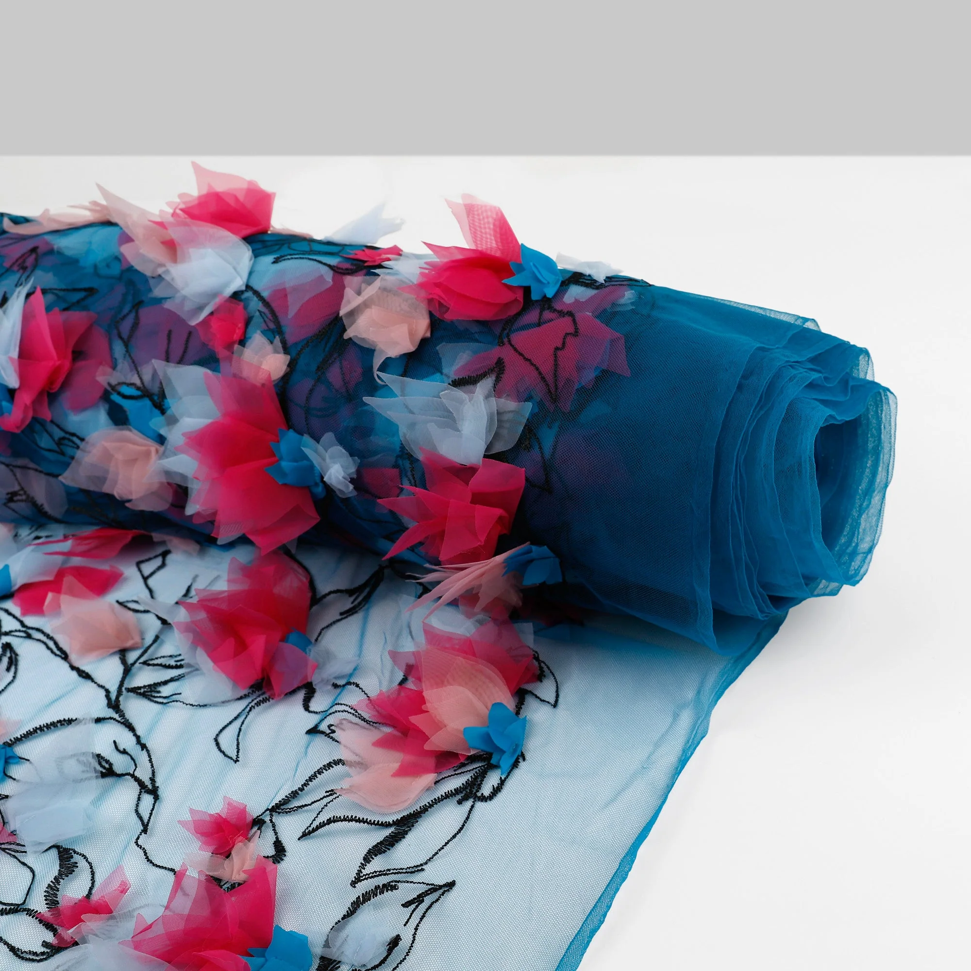 Big Honeysuckle 3D Embroidered Tulle - Teal - Image 3