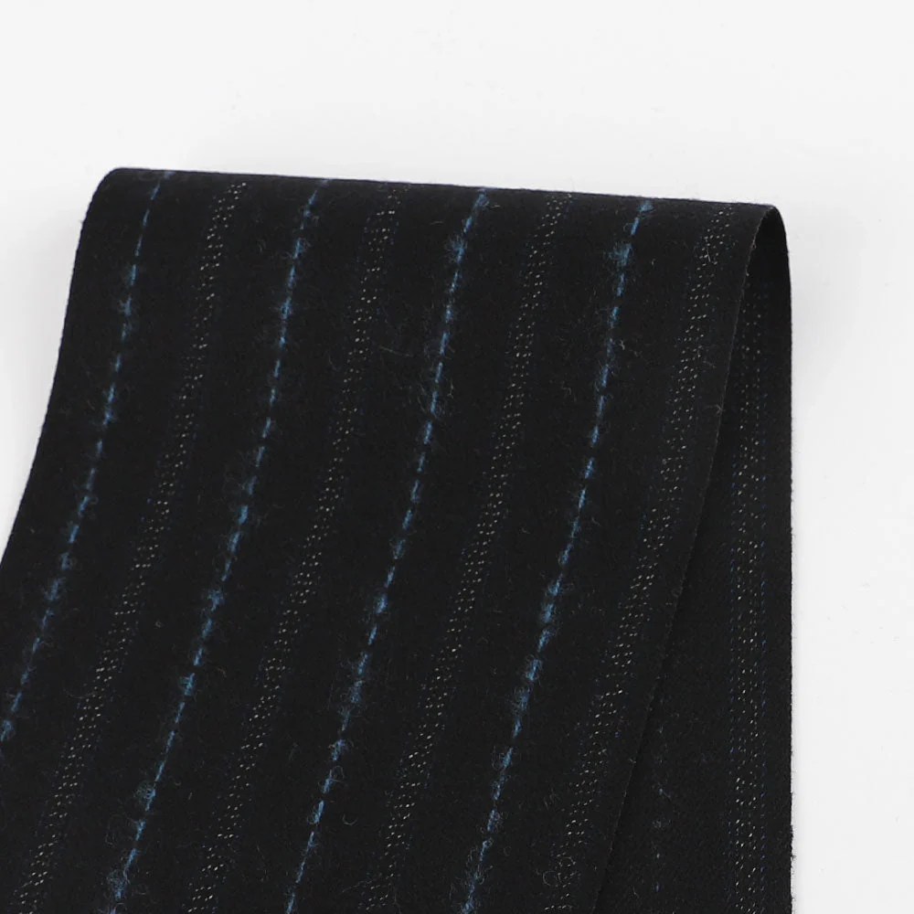 Blue Pinstripe Brushed Wool/Poly Suiting - Black