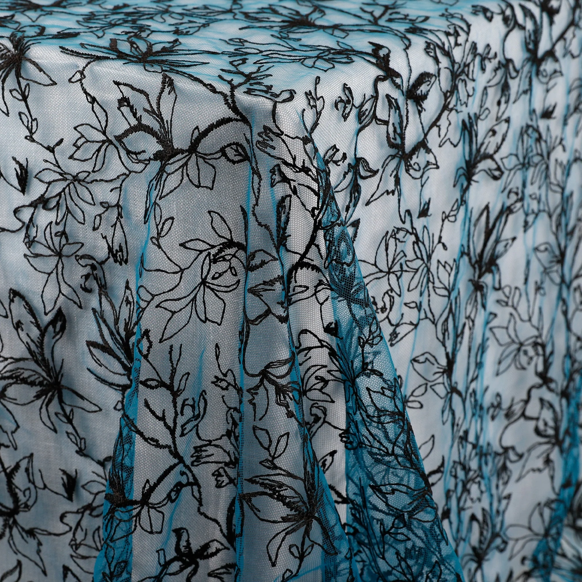 Honeysuckle Embroidered Tulle - Teal/Black - Image 4