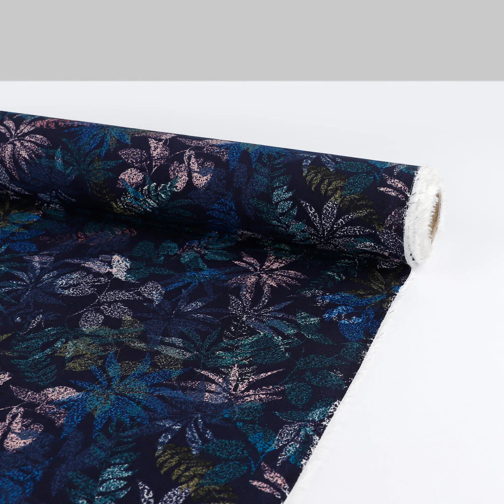 Layered Leaves Rayon Challis - Navy (remnant) - Image 3