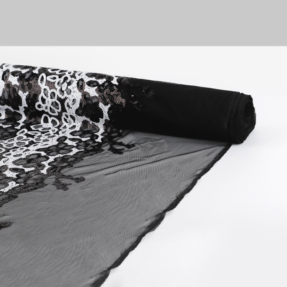 Sheer Flower Sequinned Tulle - Black/White - Image 3
