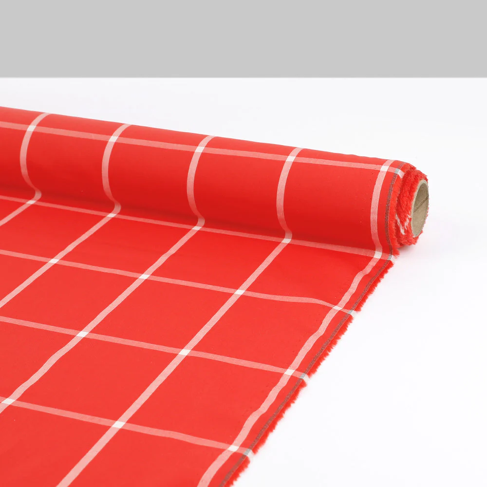 Windowpane Check Fine Cotton Shirting - Red - Image 3