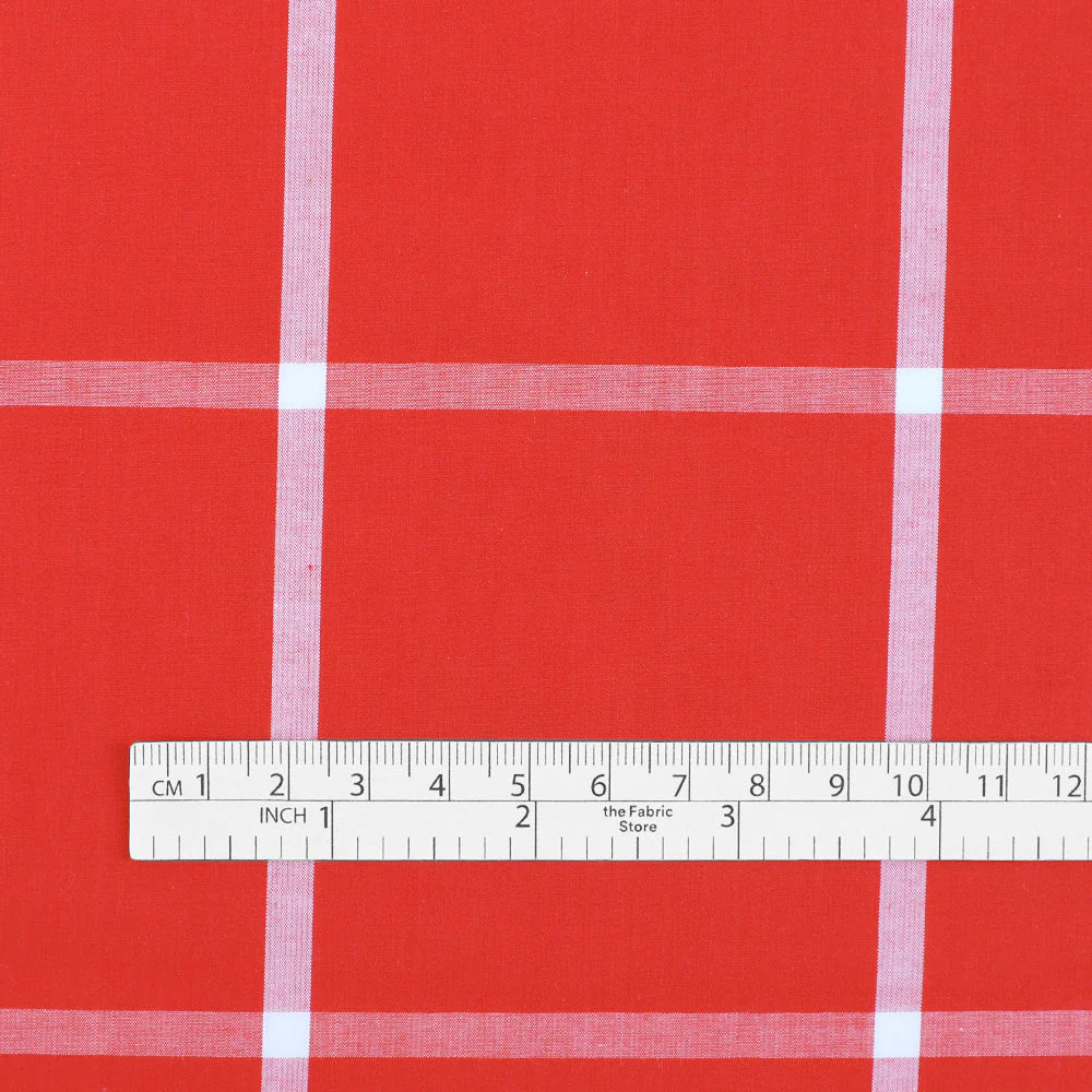 Windowpane Check Fine Cotton Shirting - Red - Image 4